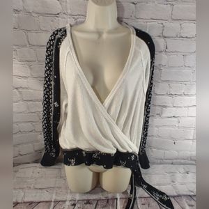 Free People White and Black Floral Wrap Sweater